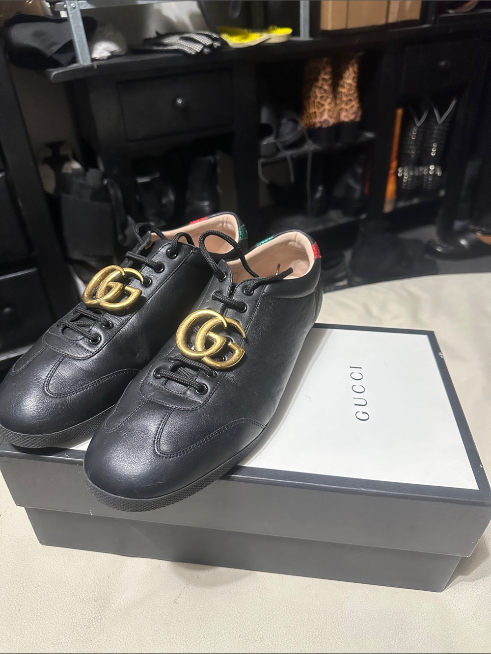 Gucci Black Leather Sneakers with Gold Double G and Red/Green Heel Tabs 13